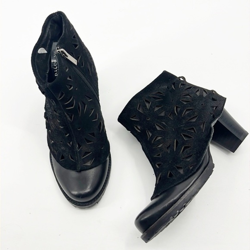 Anthropologie Antelope Cutout Skirted Suede Ankle Boot Black suede size 37 US 6